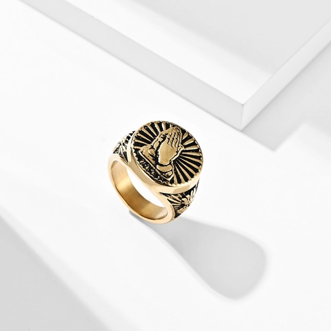 Anillo de Acero Inoxidable con Manos en Oración Vintage para Hombre Anillo de Sello Religioso Retro Envejecido Joyería Punk Gótica