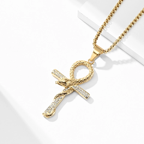 Collana Con Pendente a Croce Ankh in Acciaio Inossidabile Vintage Con Design a Serpente Strass Intarsiato Gioielli Religiosi Gothic da Uomo Donna