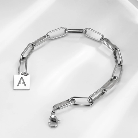 Minimalist Titanium Steel Paperclip Chain Bracelet With Square Letter Pendant For Women Bridesmaid Wedding Party Jewelry Gift