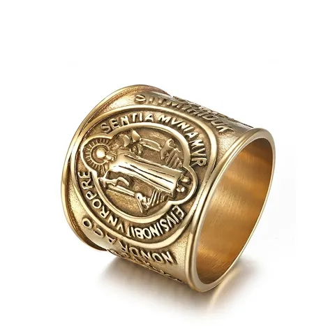 Anillo Exorcismo San Benito Acero Inoxidable Banda Ancha Medalla Religiosa Patrón Cruz Joyería Gótica Retro Para Hombre Mujer