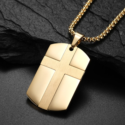 Stainless Steel Cross Dog Tag Necklace For Men Vintage Brushed Polished Religious Prayer Pendant Jewelry With Box Chain