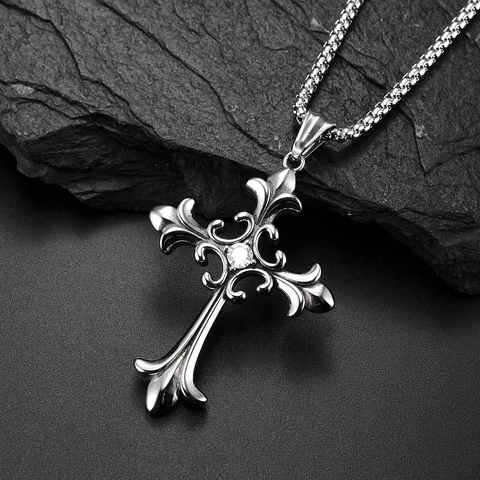 Vintage Gothisch Kruis Hanger Halsketting Roestvrij Staal Zirkonia Religieuze Sieraden Voor Heren Hip Hop Rock Stijl Cadeau