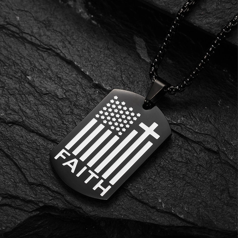 Faith Stainless Steel Cross Dog Tag Necklace For Men American Flag Religious Pendant With Box Chain Jewelry Gift
