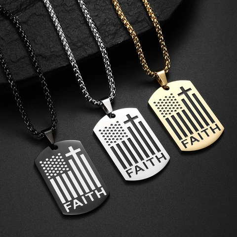 Stainless Steel American Flag Cross Pendant Necklace Faith Bible Verse Dog Tag For Men Military Style Religious Jewelry Gift
