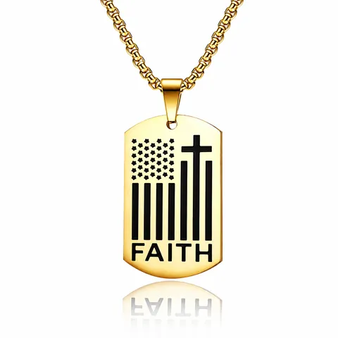 Faith Stainless Steel Cross Dog Tag Necklace For Men American Flag Religious Pendant With Box Chain Jewelry Gift