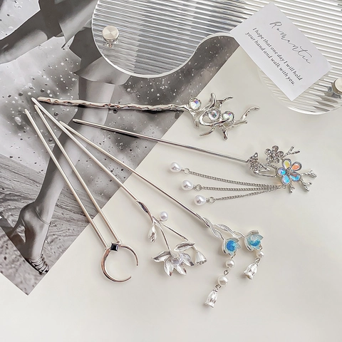 Bastoncino per Capelli in Metallo Stile Cinese Con Nappina Fiore Pietra di Luna Perla Artificiale Strass Forcina Vintage per Donna Accessorio per Capelli