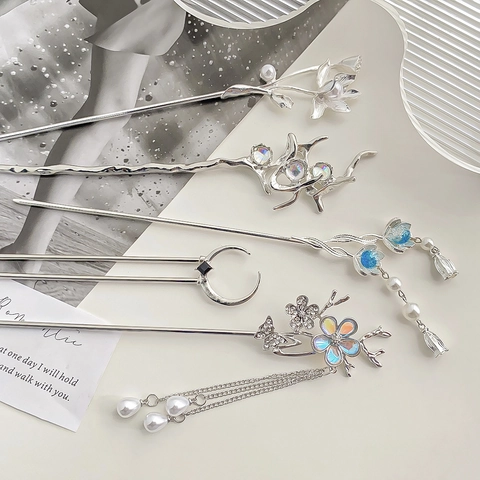 Bastoncino per Capelli in Metallo Stile Cinese Con Nappina Fiore Pietra di Luna Perla Artificiale Strass Forcina Vintage per Donna Accessorio per Capelli