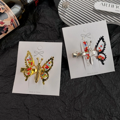 Elegante Pinza para el Cabello de Mariposa Con Alas Móviles Vintage Aleación Mariposa Hueca Clip Lateral Horquilla de Metal para Mujeres Niñas