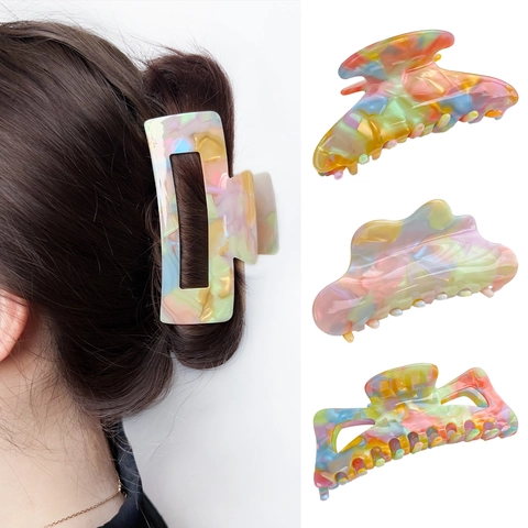Acetate Hair Claw Clips For Women Marble Pattern Colorful Sweet Candy Color Shark Clips Rectangular Geometric Hair Claws