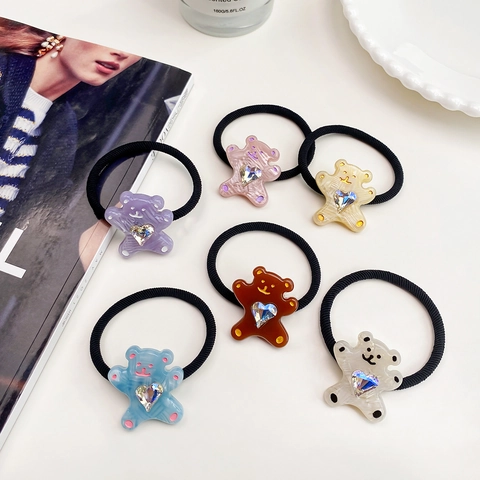 Süße Cartoon Bär Acetat Haargummi Hochelastische Haarbänder Mit Herz Zirkonia Süße Mädchen Haarseil Kopfschmuck Zubehör