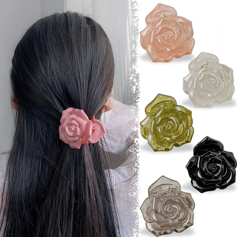 Elegante Molletta per Capelli a Forma di Rosa Vintage Francese in Resina Grande Clip a Squalo Floreale per Donna