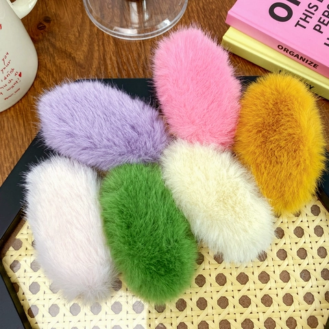 Dulce Pinza de Pelo Ovalada de Felpa para Mujer Clip BB de Piel Sintética Horquilla Peluda Hecha a Mano Accesorios de Invierno para el Cabello para Niñas