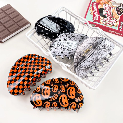 Halloween Hair Claw Clips PVC Pumpkin Skull Spider Web Checkerboard Large Hair Clips Gothic Hair Accessories For Women Party