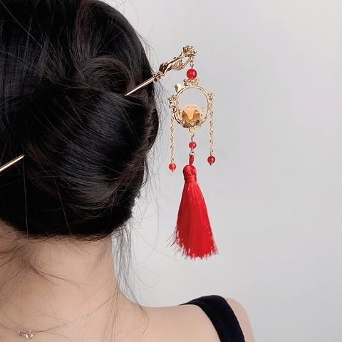 Palillo para el Pelo Estilo Chino Vintage Linterna de Palacio Loto Borla Aleación Oro Horquilla Hanfu Mujer