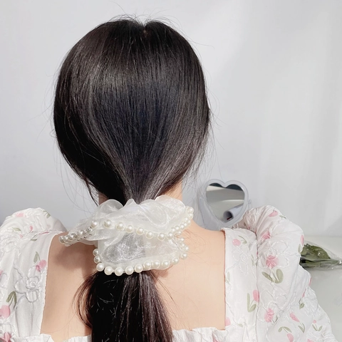 Vintage Hepburn Stil Organza Scrunchie Mit Künstlicher Perle Sternendesign Elastisches Haargummi Für Damen Süßer Haarschmuck
