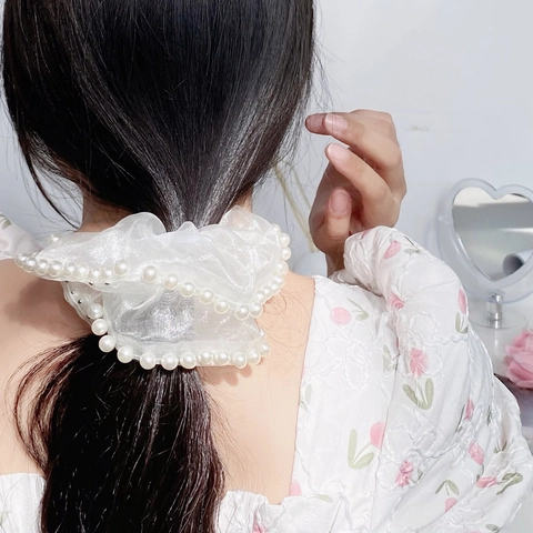 Vintage Hepburn Stil Organza Scrunchie Mit Künstlicher Perle Sternendesign Elastisches Haargummi Für Damen Süßer Haarschmuck