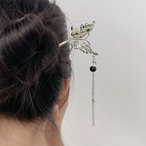 Vintage Chinese Style Metal Butterfly Flower Hair Stick With Long Tassels Artificial Pearls Rhinestones Hanfu Hair Jewelry For Women