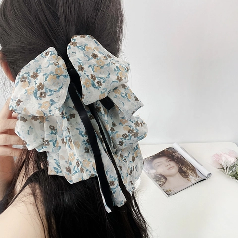 Elegante Fermaglio per Capelli a Fiocco in Chiffon Floreale per Donna Dolce Grande Forcina per Capelli a Farfalla in Tessuto Accessori Moda