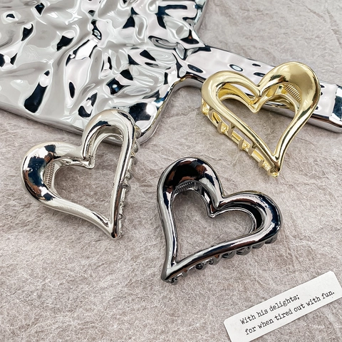 Pinza per Capelli Minimalista in Metallo a Forma di Cuore Svuotato per Donna Stile Coreano Oro Argento Nero Clip di Squalo Elegante Accessorio per Capelli in Lega