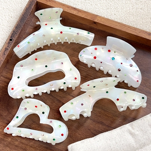 French Retro Acetate Hair Claw Clip Large Mermaid White Iridescent Shark Clip With Colorful Rhinestones Elegant Women Hair Accessories