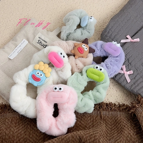 Funny Cartoon Plush Scrunchies Big Eyes Thick Lips Furry Hair Ties Soft Faux Fur Hair Bands Kawaii Hair Accessories For Women