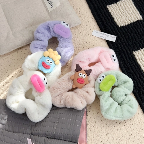 Funny Cartoon Plush Scrunchies Big Eyes Thick Lips Furry Hair Ties Soft Faux Fur Hair Bands Kawaii Hair Accessories For Women