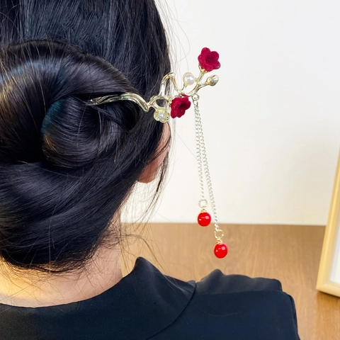 Vintage Chinesischer Stil Legierung Rose Pflaumenblüte Haarstab Lange Quaste Imitationsperle Elegante Haargabel Damen Schmuck