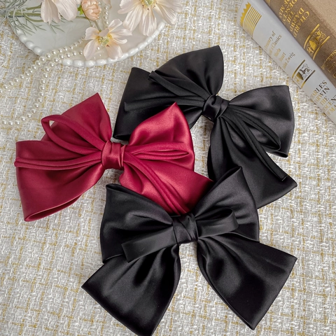 Franse Stijl Grote Satijnen Strik Haarclip Elegante Vintage Veerclip Voor Vrouwen Mode Haaraccessoires