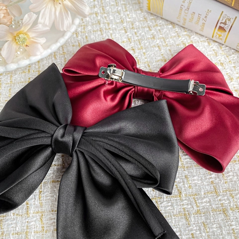 Franse Stijl Grote Satijnen Strik Haarclip Elegante Vintage Veerclip Voor Vrouwen Mode Haaraccessoires