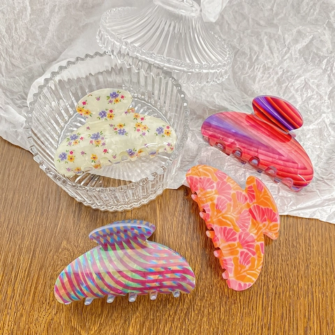 Vintage Floral Large Hair Claw Clips Acrylic Colorful Print Shark Hair Clip French Style Elegant Hair Accessories For Women