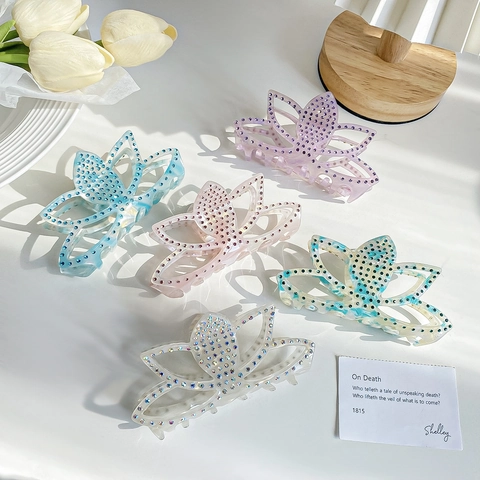 Pinza para el Cabello de Flor de Loto Elegante Grande PVC Diamantes de Imitación para Mujeres Accesorios de Peinado