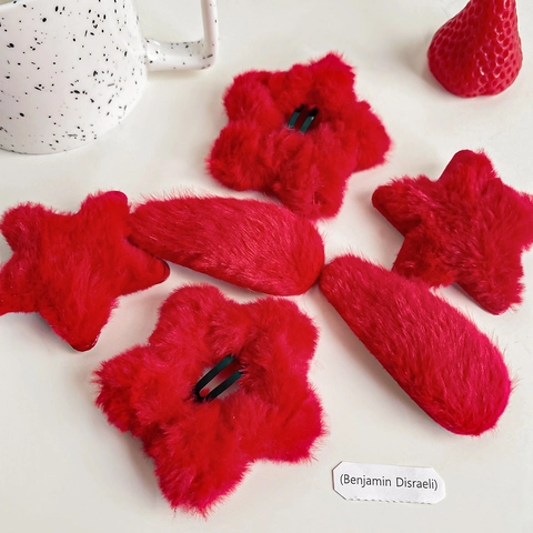 Fermagli per Capelli a Stella e Goccia in Peluche Rosso per Donna Ragazza Morbido Fermaglio in Pelliccia Sintetica Accessori
