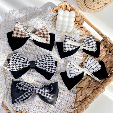 Franse Vintage Houndstooth Tweed Strik Haarclip Voor Vrouwen Elegante Fluwelen Stof Strikje Haarspeld Lente Clip Haaraccessoires