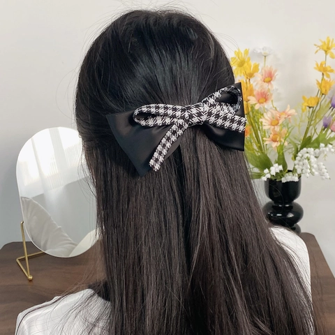Franse Vintage Houndstooth Tweed Strik Haarclip Voor Vrouwen Elegante Fluwelen Stof Strikje Haarspeld Lente Clip Haaraccessoires
