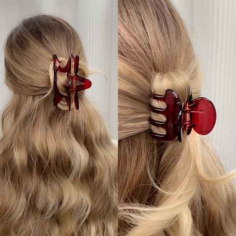 Pince à Cheveux Élégante en Acrylique Translucide Rouge Bordeaux Style Français Accessoire de Coiffure Géométrique Femme