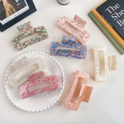 Large Cellulose Acetate Hair Claw Clip For Women Vintage Tortoiseshell Marble Pattern Hollow Square Shark Clip Elegant Hair Accessories