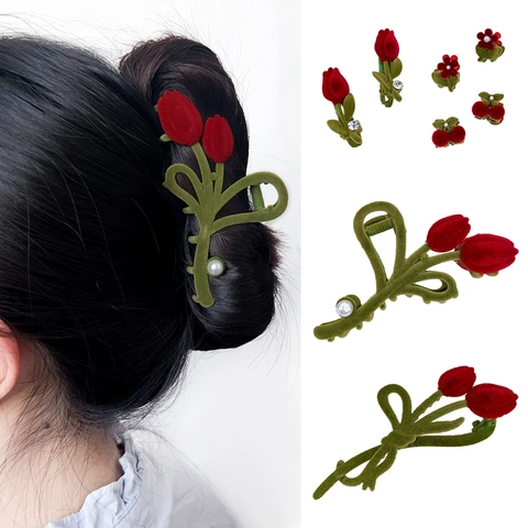 Women Flocked Tulip Flower Hair Clip Alloy Imitation Artificial Pearl Rhinestone Sweet Hair Claw Accessory Red Green Floral Hairclip