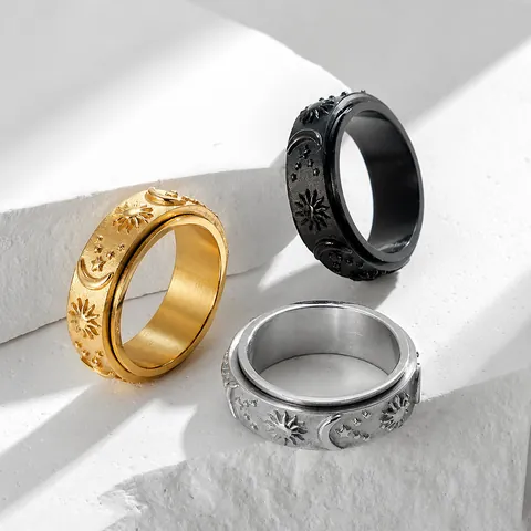 Rotatable Stainless Steel Sun Moon Star Relief Spinner Ring Stress Relief Anxiety Band Ring For Men Women Jewelry