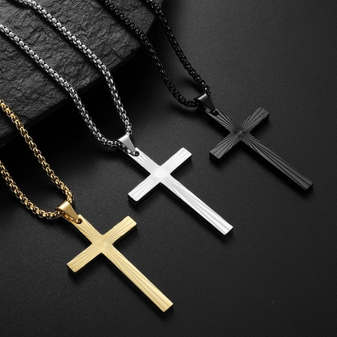 Stainless Steel Sunburst Texture Cross Pendant Necklace Men Women Punk Religious Jewelry Polished Crucifix Accessory Neck Chain