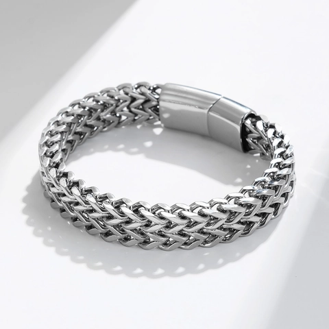 Bracciale da Uomo in Acciaio Inossidabile a Doppia Fila Intrecciata Catena Franco Con Chiusura Magnetica Design Industriale Gioielli
