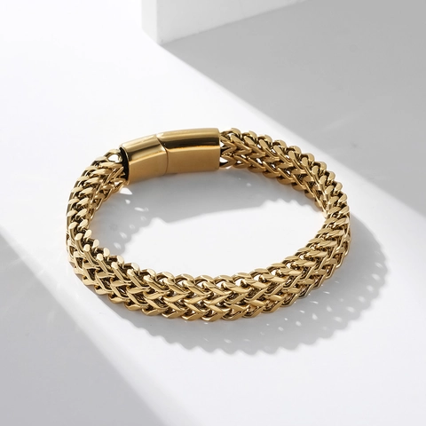 Bracciale da Uomo in Acciaio Inossidabile a Doppia Fila Intrecciata Catena Franco Con Chiusura Magnetica Design Industriale Gioielli