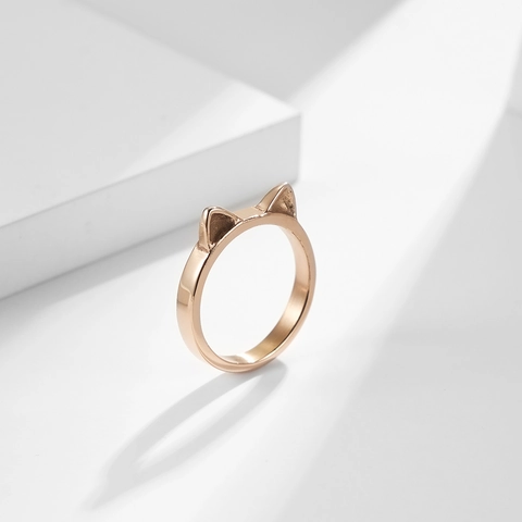 Minimalist Titanium Steel Cat Ear Ring For Women Cute Animal Shaped Polished Finger Ring Rose Gold Steel Color Jewelry
