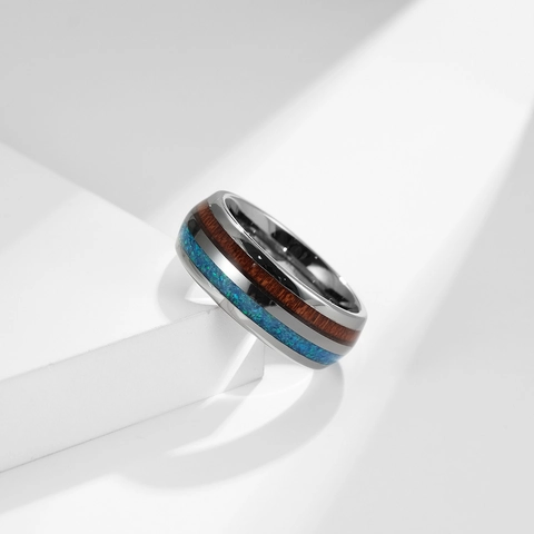 Wolframkarbid Ring Mit Holzeinlage Und Synthetischem Opal Muschel Band Für Damen Herren Vintage Polierter Schmuck Geschenk