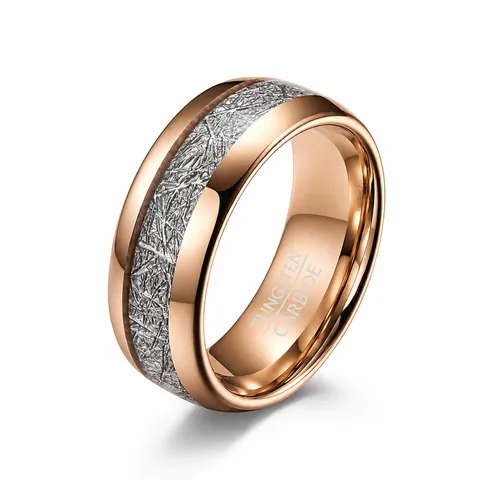 Minimalist Tungsten Steel Ring With Meteorite Texture Inlay Rose Gold Silver Two Tone Couple Band Ring Unisex Fashion Jewelry