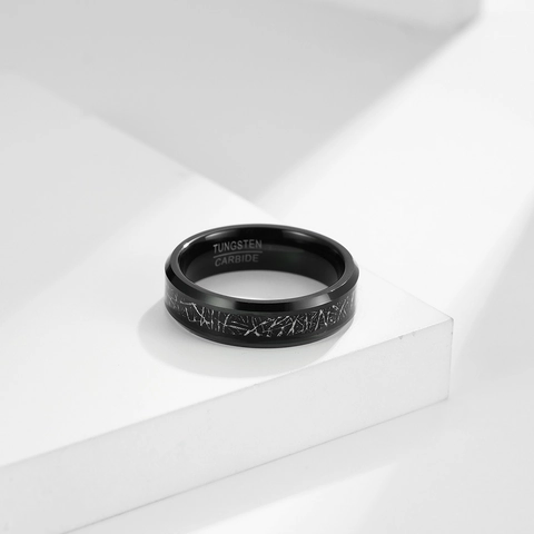 Minimalist Black Tungsten Carbide Band Ring With Silver Meteorite Pattern Inlay For Men And Women Polished Industrial Fashion Jewelry