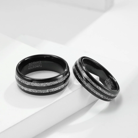 Tungsten Carbide Ring With Meteorite Inlay Double Groove Polished Band For Men Women Engagement Wedding Jewelry