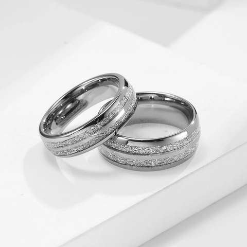 Men's Tungsten Steel Ring Double Groove Meteorite Inlay High Polished Band Wedding Engagement Ring Jewelry Gift