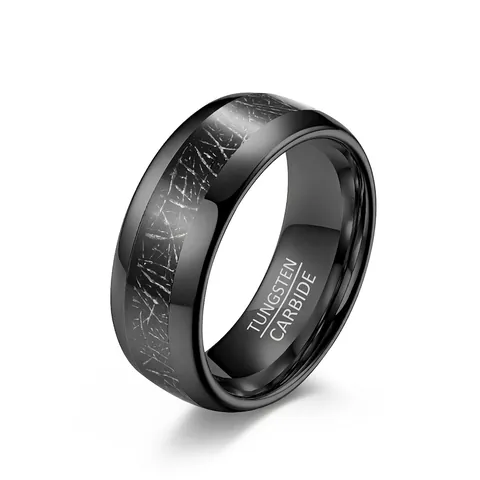 Vintage Wolframcarbid Ring Mit Silber Meteorit Textur Inlay Schwarz Poliertes Hochzeitsband Für Paare Herren Damen Mode Schmuck