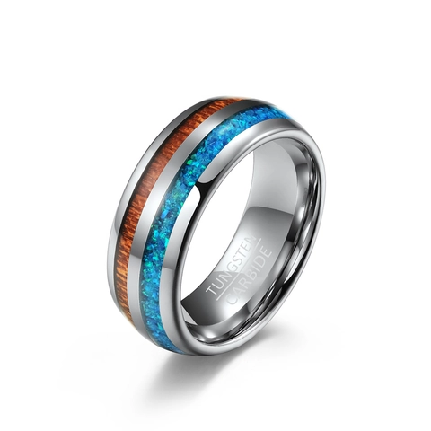 Men's Tungsten Carbide Ring Inlaid With Natural Wood Grain And Blue Abalone Shell Polished Band Fashion Jewelry Gift