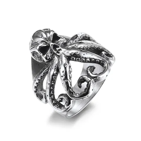 Anillo de Calavera de Pulpo de Acero Inoxidable Vintage para Hombre Estilo Gótico Punk Cthulhu Tentáculo Animal Joyería